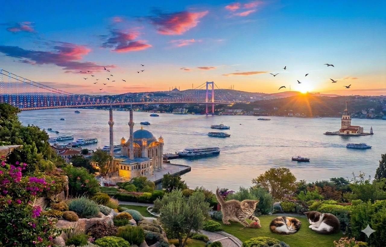İstanbul Boğazı — Ortaköy Camii ve Boğaziçi Köprüsü gün batımı panoraması
